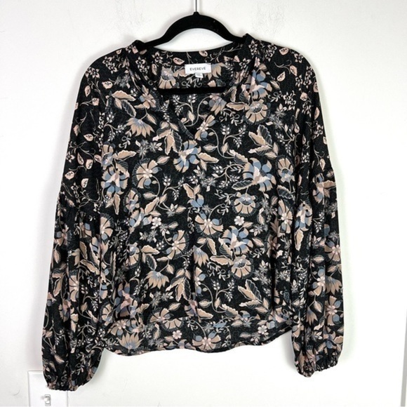 Evereve Top womens XS Floral Print Black Tan V Neck Blouse - Picture 2 of 10